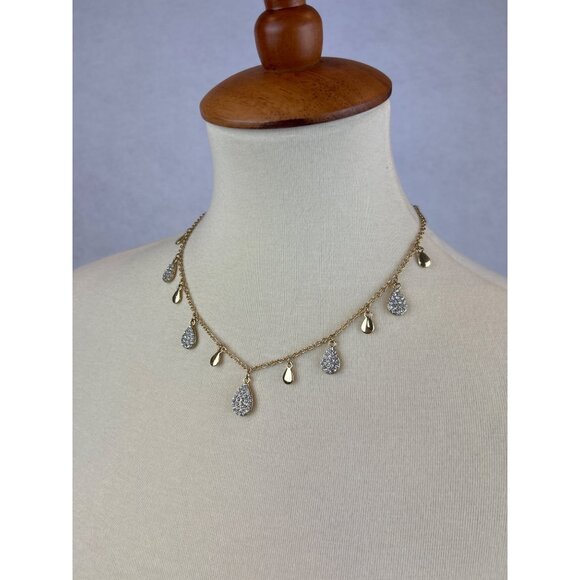 Gold Tone Teardrop Necklace Drop Clear Crystal Accents - Picture 2 of 8